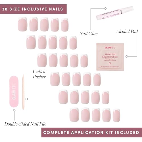 Glamnetic Press On Nails - Medium Square, Glossy Fake Nails 30 Pc Full Kit - color: 1B - Classy French
