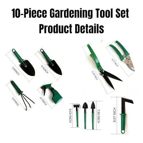 10-Piece Garden Tools Set - Heavy Duty Hand Gardening Kit: Shovel, Pruners, Trowel, Rake for Plant Care, Bonsai Trimming, Weeding & Yard Work (Green) - color: Green-10