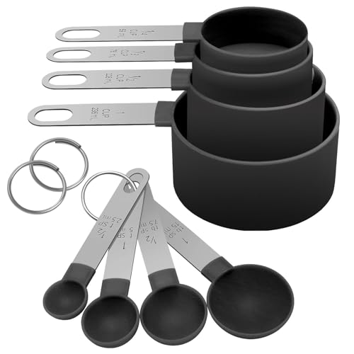 Measuring Cups Set Measuring Spoons Set, Nesting Measure Cups with Stainless Steel Handle, For Measuring Dry and Liquid Ingredients Small Teaspoon with Plastic Head (Black) - color: Black