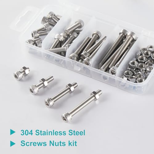 M4 x 20mm 30mm 40mm 50mm Hex Socket Head Cap Screws Bolts and Nuts, Stainless Steel 304, Bright Finish, Metric Allen Drive, Fully Thread, Assortment Kit 80PCS - size: Socket M4x20-50mm+Nuts