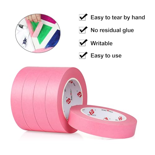 BOMEI PACK Pink Painters Tape 1 Inch Bulk - Paint Tape 5 Rolls x 1 Inch x 55 Yards - Pink Masking Tape for Walls Painting, DIY Crafting, and School Projects, Total 275 Yards - color: Pink