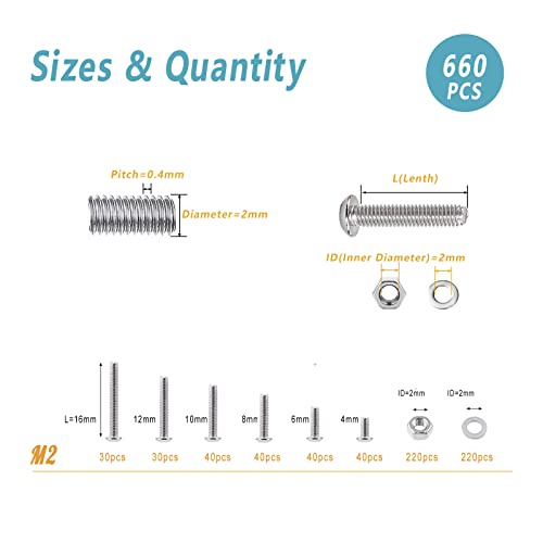 Kadrick 304 Stainless Steel Screws,660 Pcs M2 Screw Assortment,Button Head Socket Cap Screws Kit,M2x4mm,6mm,8mm,10mm,12mm,16mm Metric Bolts Nuts Washers Kit with 1 Hex Allen Wrench - size: SS M2 660Pcs 4-16mm