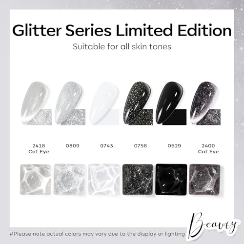 modelones Black White Gel Nail Polish, Hema Free Cat Eye Glitter Shimmer - color: A-2 Midnight Stardust