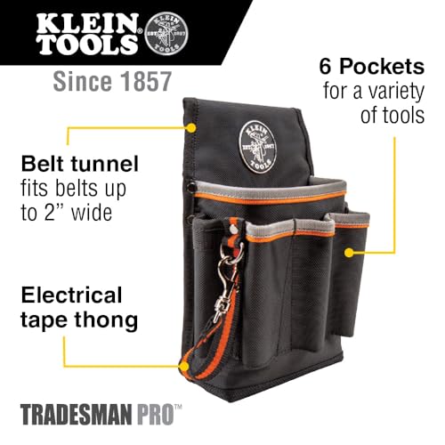 Klein Tools 5241 Tool Pouch, Tradesman Pro Tool Pouch with Electrical Tape Thong and Heavy Duty Reinforced Bottoms, 6-Pocket - style: 6-Pocket Pouch