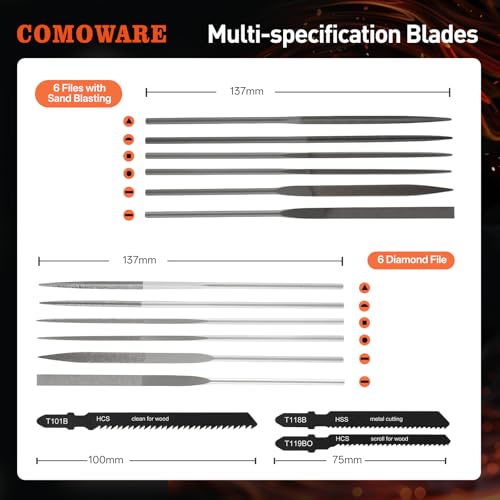 COMOWARE Small File Set, Gift for Dad, 12-Piece Metal Needle File Set with 3 Handsaw Blades, Quick Change Mechanism Handle, Flat, Half-Round, Round & Triangle Files, Portable Case for Woodworking DIY