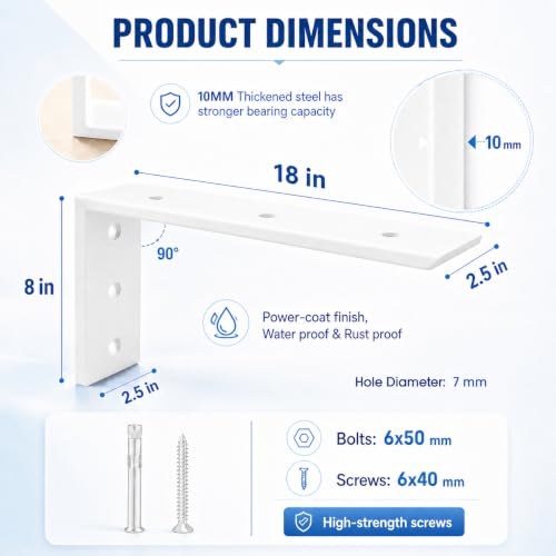 WINKER Countertop Support Bracket 2 Pack Heavy Duty 3/8" Thick Hidden L Shelf Bracket 18" x 8" x 2.5" Metal Corbels for Quartz/Granite/Wood/Concrete/Laminate Countertops, White - size: 18″x8″x2.5″-3/8" thick, style: White-2Pack
