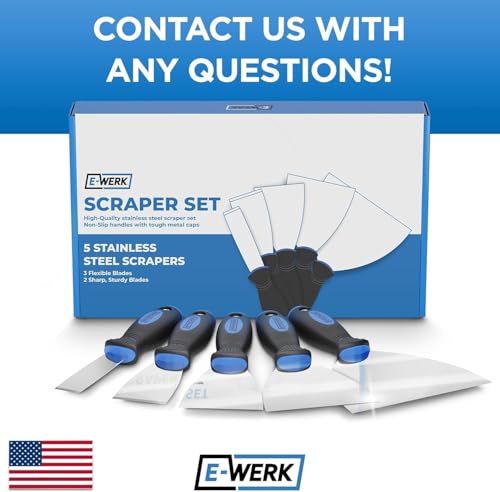 E•Werk - 5-Pc Scraper Set - Paint & Wallpaper Remover Set - Stainless Steel Spatula Knife Set for Plastering & Drywall Putty Filling - Ideal Painter Tools for Plaster Scraping & Finishing
