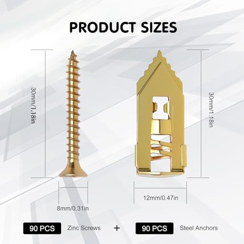 180 PCS Drywall Self-Drilling Anchors with Screws Kit, 90 Anchors (0.47x1.18) +90 Zinc Plated Screws, No Drill Needed, Suitable for Heavy Duty Hanging of TVs, Shelves, Picture Frames, etc.