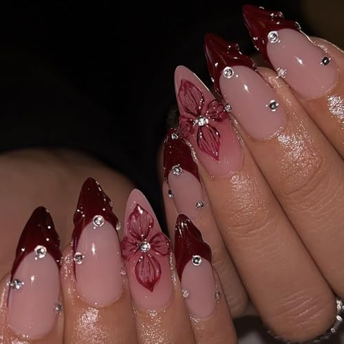 LPOODDNU Red French Tip Press on Nails Almond - Medium Flower Fake Nails with 3D Crystal Diamond Designs, Glossy Finished Reusable False Nails with Glue Tabs - 24Pcs Nail Kit for Women Manicure - color: red french tip flower