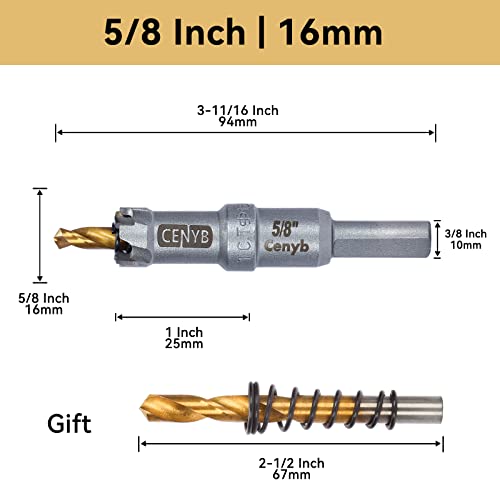 5/8" (16mm) Tungsten Carbide Tipped Hole Saw with 2Pcs Titanium-Plated Pilot Drill Bits for Hard Metal,Stainless Steel,Iron,Aluminum Alloy,Wood and Plastic - size: 16mm | 5/8"
