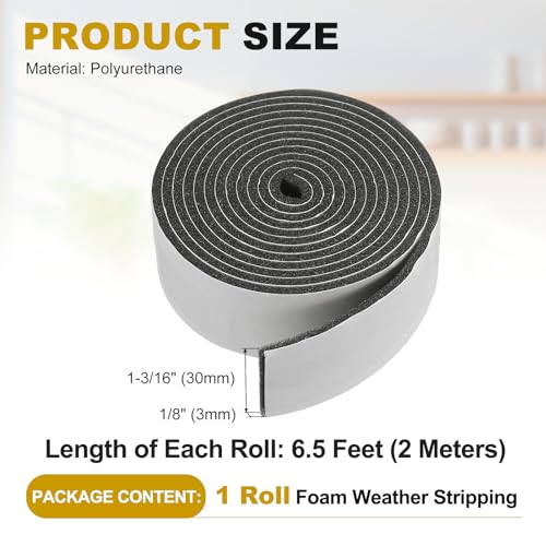 uxcell Weather Stripping Door Seal, 1-3/16" x 1/8" x 6.5 Ft Adhesive Foam Tape Seal Soundproof Insulation Strips for Door Frame Window Gaps (1 Roll, 6.5 Feet) - size: 1-3/16" x 1/8" (6.5 Ft)