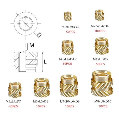 Heat Set Thread Inserts 380pcs Boxed with M2 M2.5 M3 M4 M5 M6(1/4) M8 Insert Tips for 3D Printing Components and Plastic Parts-Brass Metric Knurled Nuts - size: 380Pcs-Assortment Kit