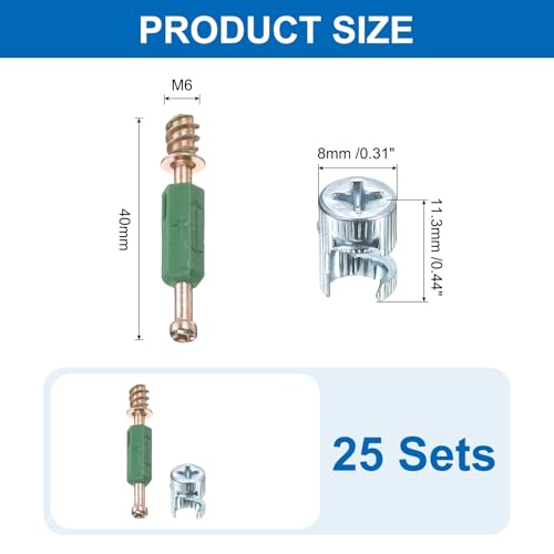 uxcell 25Set 8x11.3mm Cam Locking Screws with M6x40mm Furniture Connecting Fitting, Cam Bolts Dowels for Splicing Assembly of Table Cabinets, Green - size: M6x40mm