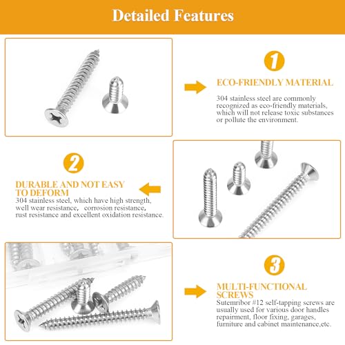 58 Pieces #12 x 3/4" 1" 1-1/4" 1-1/2" 2" Wood Screws Set, Phillips Countersunk Head #12 Self-Tapping Screws Assortment Kit, 304 Stainless Steel - size: #12, style: Phillips Countersunk Head