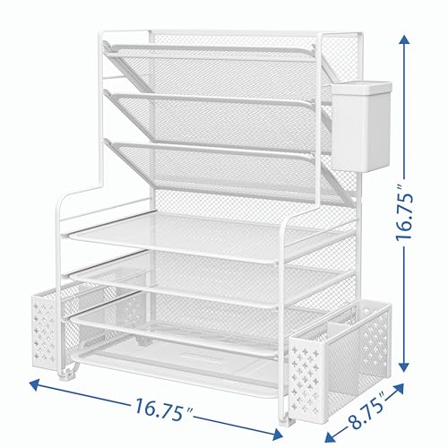 Simple Trending 7 Tier Desk File Organizer, Letter Tray Paper Organizer with Pen Holder and Metal Hanging Basket, White - color: Pen holder White