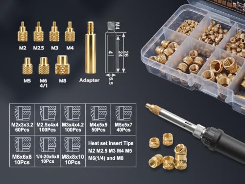 Heat Set Insert Tools kit with 60W Soldering Iron & 380 Pcs Threaded Insert - size: ZW380