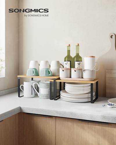 SONGMICS Cabinet Organizer Shelf, Set of 2 Spice Rack, Kitchen Storage - color: Ink Black + Natural Beige, size: 11.7"w