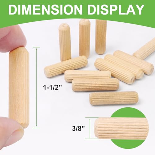 3/8" x 1-1/2" Wooden Dowel Pins, FoDau770 Fluted Wood Dowel Rods, Natural Beech Wood Dowel Pegs for Crafts, Woodworking, DIY Furniture - 200 Pieces - size: 3/8" x 1-1/2"