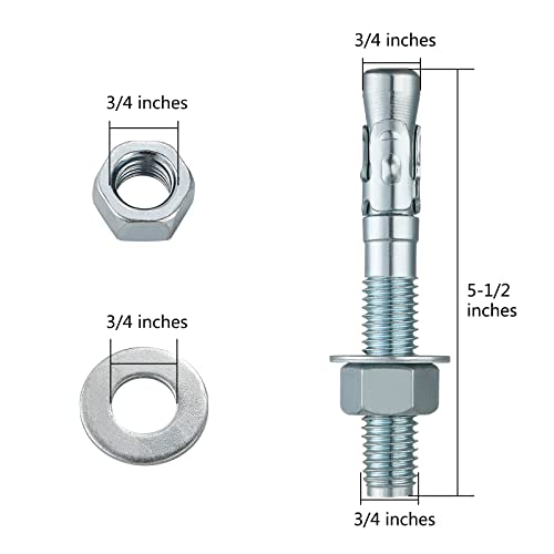 Wensilon 3/4x5-1/2 10Pcs Inch Standard Fasteners for Heavy-Duty Zinc Wedge Anchors for Cement and Concrete - size: 3/4x5-1/2"