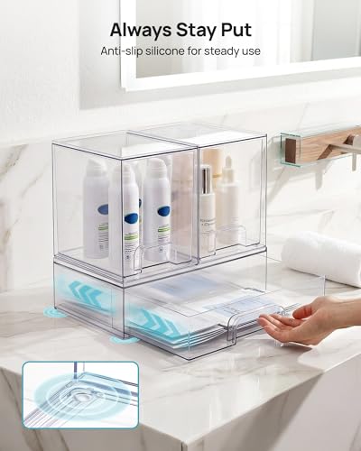 Vtopmart Clear Stackable Storage Drawers Set of 3, Plastic Organizer Bins - style: 2 High+1 Wide