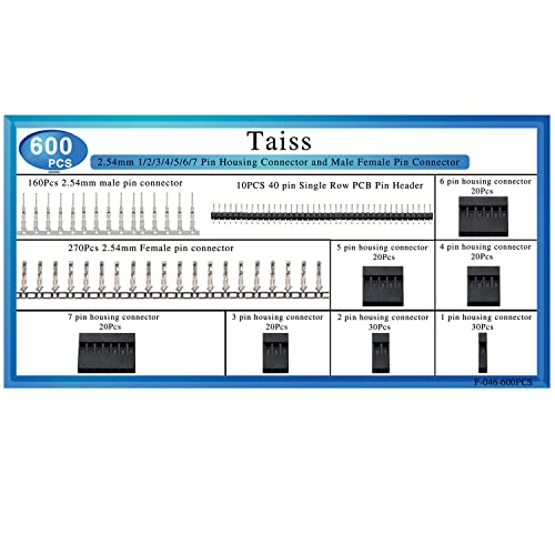 Taiss 600PCS Dupont Connector Kit - 2.54mm 1/2/3/4/5/6/7 Pin Housing Connector and Male/Female Crimp Pin, Jumper Wire Cable