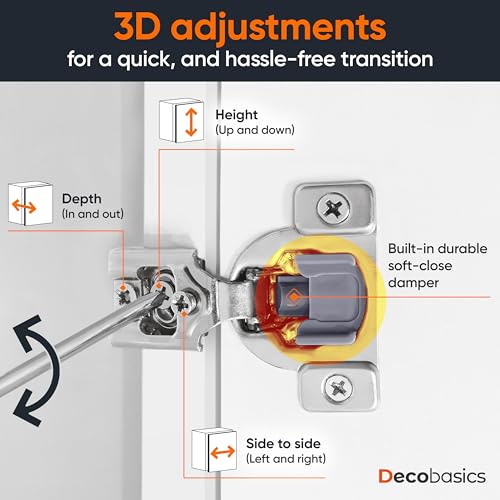 DecoBasics 50 Pack(25 Pair) 1/2" Overlay Soft Close Cabinet Hinges for Kitchen & Bath - Concealed Soft Close Hinge for cabinet Door w Self Closing Damper -Easy Upgrade -Stainless Steel Last a Lifetime - size: 1/2 in.