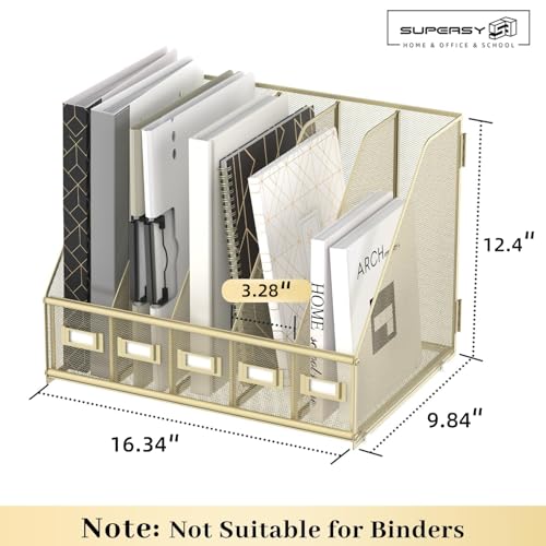 SUPEASY Desk Organizers Metal Desk Magazine File Holder with 5 Vertical Compartments Rack File Organizer for Office Desktop, Classroom, Home Workspace, Golden Yellow - color: Golden Yellow, size: Small