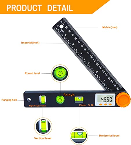 Rainyb Digital Angle Finder Tool 7inch 0-360 degree LED Digital Protractor with Horizontal Vertical Bubble Levels and Ruler Meter Accurate Tools for Carpenters,Woodworkers,Fabricators - style: 7inch Angle Finder X 1