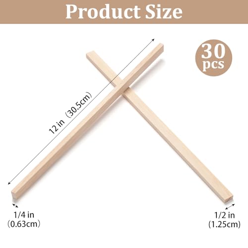 Wood Strips Slats Wooden Sticks for Crafts 1/4" × 1/2" × 12", 30 PCS Thin Wood Trim Planks Lumber Flat Boards Pieces Square Wooden Dowel Rods for Crafting, Woodworking, Model Making - size: 1/4x1/2x12 in - 30PCS