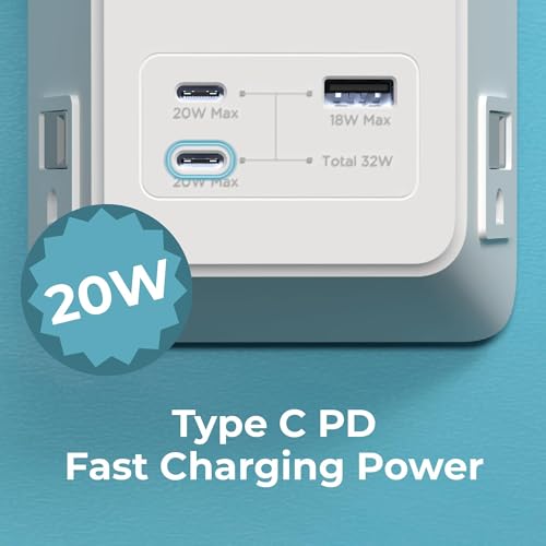 Travel Depot 5-Outlet Wall Outlet Extender with Surge Protector, (White) | 2 USB-C PD & 1 USB-A Charging Ports, 32W Fast Charging, Multi Plug Wall Adapter, 3-Sided Design for Home & Office - color: White