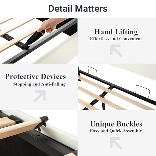 Allewie King Size Chenille Lift Up Hydraulic Storage Bed Frame Cream White - color: Cream White, size: King, style: Modern