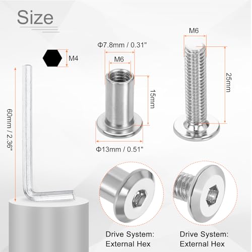 HARFINGTON 10 Set M6x25mm Hex Drive Socket Cap Bolt and M6x15mm Nuts with M4 Hex Wrench, Furniture Connector Bolts and Screws for Furniture Countersunk Belt, Silver - size: M6x25mm, M6x15mm