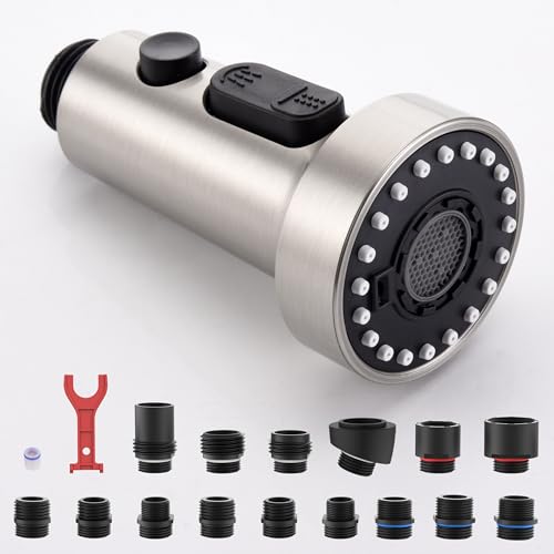 J-HVA Pull Down Kitchen Faucet Sprayer Head Replacement Part,Brushed Nickel | 3 Function with 15 Adapters Pull Out Sink Sprayer Replacement Nozzle, Kitchen Faucet Head Hose Spray Tap Spout - color: Brushed Nickel
