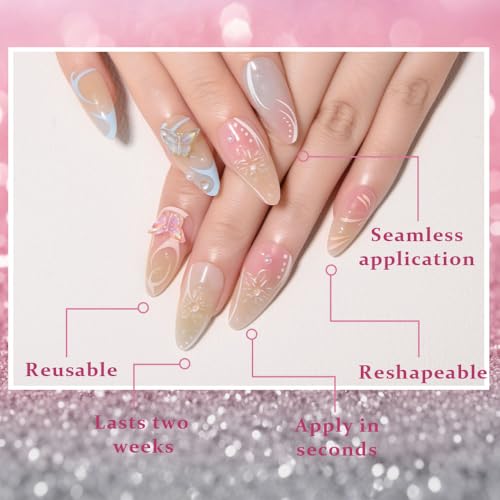 3D Flower Butterfly Press On Nails, Medium Almond Blue Pink with Floral Pearl & Cute Charms, Designer Reusable Acrylic Fake Nails for Women, Spring Summer Daily & Party Wear - color: LF-3386, size: 24 Pieces (Pack of 1)