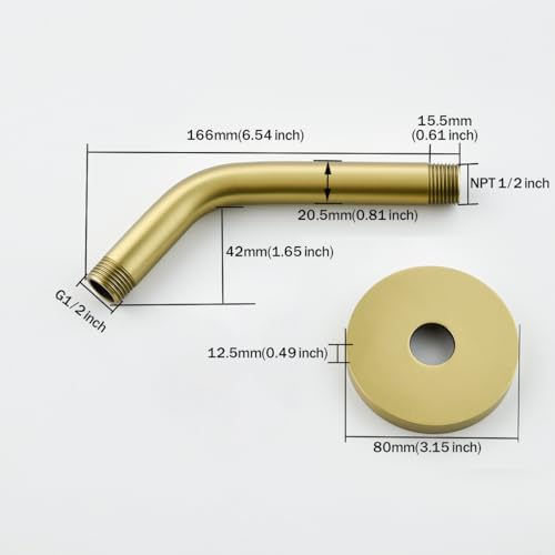 RANDOM Shower Arm with Flange,Gold 6 Inches Wall Mount Angle Shower Head Extension Arm For Fixed Shower Head Stainless Steel,Brushed Gold.RD91018-6BG - color: 6″ Brushed Gold(Round Flange)