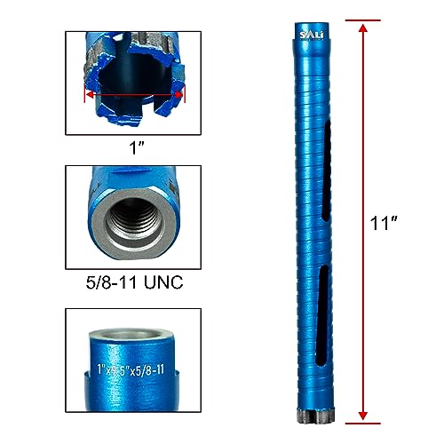 SALI Diamond Core Drill Bits 1" Diameter 10"/254mm Drilling Depth 5/8-11" Thread Core Bit Turbo Laser-Welded Segments for Cured Concrete with, Brick, Block, Masonry, with Two Adapters - size: 1 inch