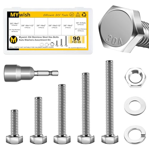 Mywish 90Pcs 3/8 Bolts, Hex Head Nuts and Bolts Assortment Kit, 304 Stainless Steel 18-8, Assorted 3/8 Bolts and Nuts Kit, 3/8-16" Fully Machine Threaded Bolts, 5 Sizes Included Bolts Kit - size: 90 Pcs 3/8 Kit - Silver