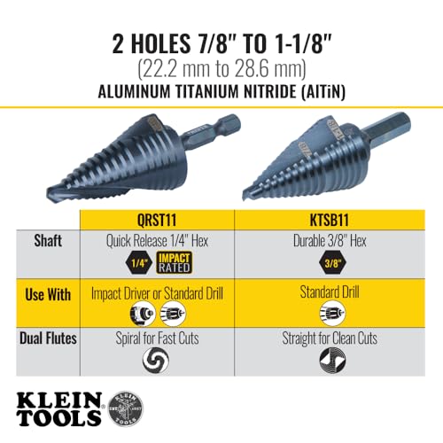 Klein Tools QRST11 Step Drill Bit, Quick Release Spiral Double-Fluted, 7/8 to 1-1/8-Inch, Hex Shank, Cut Steel, Wood, Plastic, Aluminum - size: 7/8 to 1-1/8-Inch, style: Quick Release