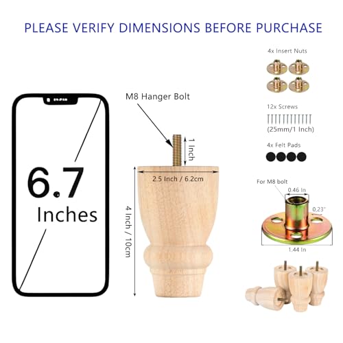 Maricome 4 inch Unfinished Bun Feet Set of 4 Predrilled M8 Bolt Turned Wood Replacement Legs for Sofa Couch Cabinet Chair Ottoman - color: 4 Inch Unfinished