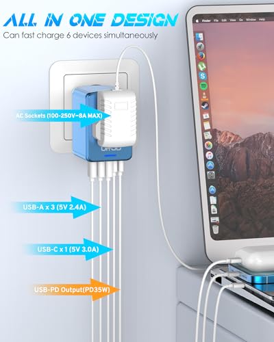 Universal Travel Adapter, 35W PD Fast Charging, 5 USB C/A Ports - color: PD35W-3A2C-metallic blue
