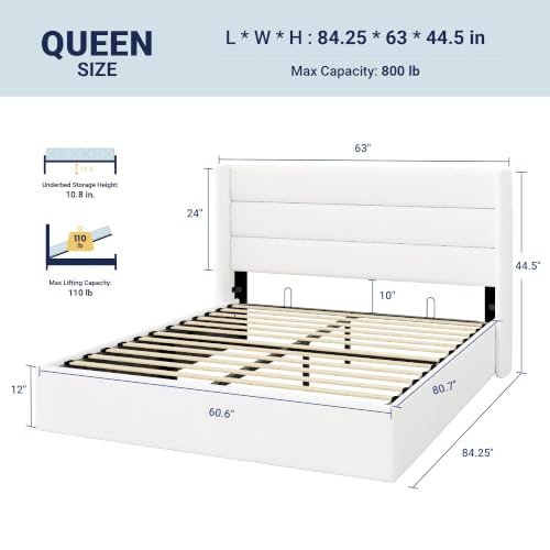 Allewie Queen Size Lift Up Hydraulic Storage Bed Frame White - color: White, size: Queen, style: Modern