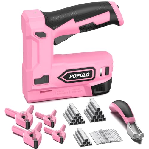 POPULO Pink 4V Cordless Staple Gun, 2-in-1 for Upholstery, Manual Upgrade - color: Pink