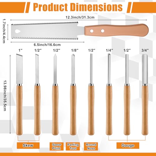 13 Pcs Woodworking Tool Set Include 8 Wood Turning Chisel Lathe Chisel, 3 Spring Caliper Divider, Double Edge Woodworking Hand Saw, 5/8 Inch Keyed Drill Chuck with MT2 Arbor Taper