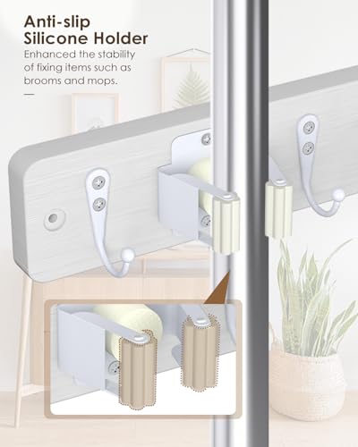 AceMining White Broom Holder Wall Mount, 4 Holders 4 Hooks Mop Holder - color: White, size: 1 Pack