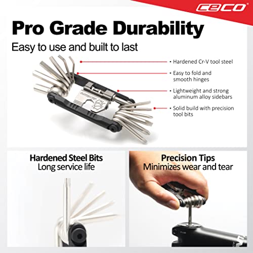CECO USA 20 Function Bike Tool with Chain Breaker, Bicycle Multi Tool, Heavy Duty, Compact Pocket Sized, Lightweight, High Strength CR-V 6150 Tool Steel, Easy To Carry, Case Pouch Included