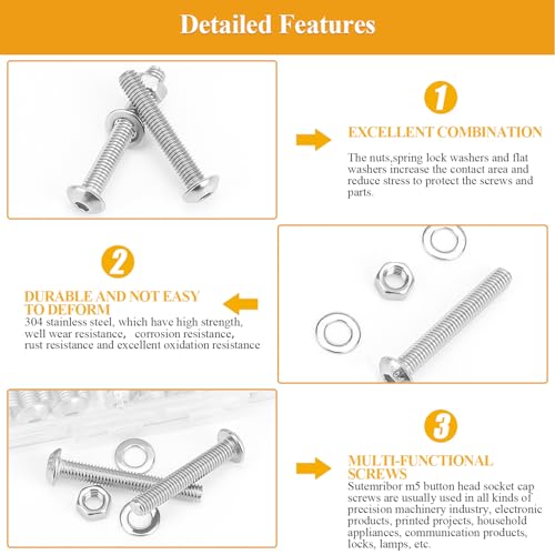 105 Pieces M5 x 30/35/40/45/50mm Button Head Socket Cap Screws Nuts Washers Set Silver, Sutemribor M5 Long Screws, M5 Stainless Screws Nuts Washers Assortment Kit, 304 Stainless Steel, Fully Threaded - size: M5 Long Screws Kit, style: Button Head