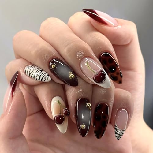 Mivota Medium Almond Press On Nails Leopard Cherry Zebra Design, Brown Nude Glossy Reusable Acrylic Look False Nails, Trendy Stylish Long-Lasting Fake Nail Set for Women 24PCS - color: 3D-65 Red White French Cherry