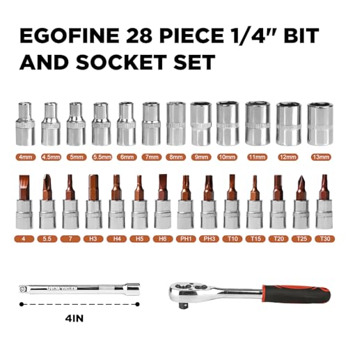 Egofine 28pcs 1/4 Inch Ratchet Socket Wrench Set, Drive Socket Set with 12 Sockets and 14 Bit Socket Set, with Extension Bars - color: 28pc Standard Socket Set, size: 1/4