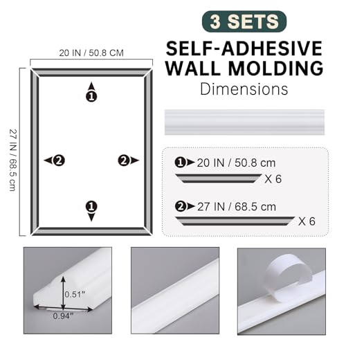Melkus Peel and Stick Wall Molding Kit, 3 Sets 20"x27" Precut Wainscoting Panels, Self Adhesive Molding Trims for Interior Wall Décor - size: 3 Set/20"x27"