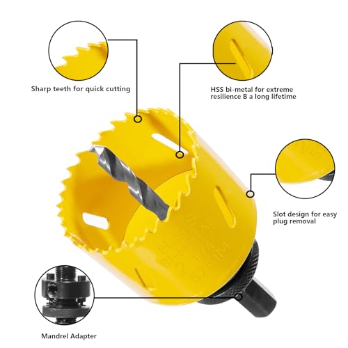 9 pcs M3 Bi-Metal Hole Saw Set, High Speed Steel Hole Saw Kit with 7/8"-2-7/8" (22-73mm) 6 pcs Hole Saw Blades, Boxed with Arbor, Drill Bit, Hex Wrench, Suitable for Metal, Wood, Plastic - color: Yellow